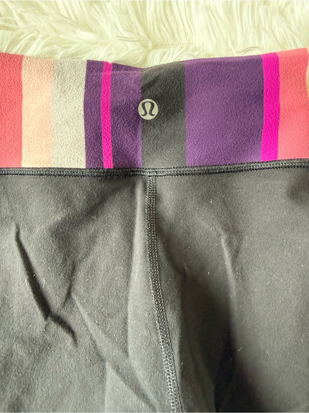 Lululemon Black Leggings with Pink & Purple Striped Waistband Size 6